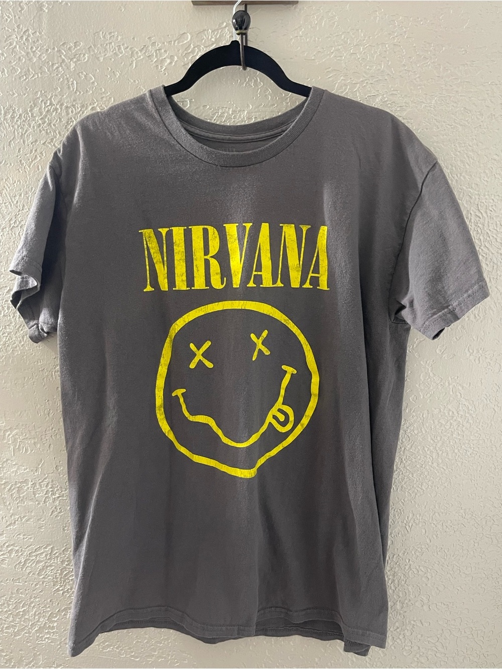 Vintage NIRVANA Gray Short Sleeve Tee with Yellow Smiley Logo Large